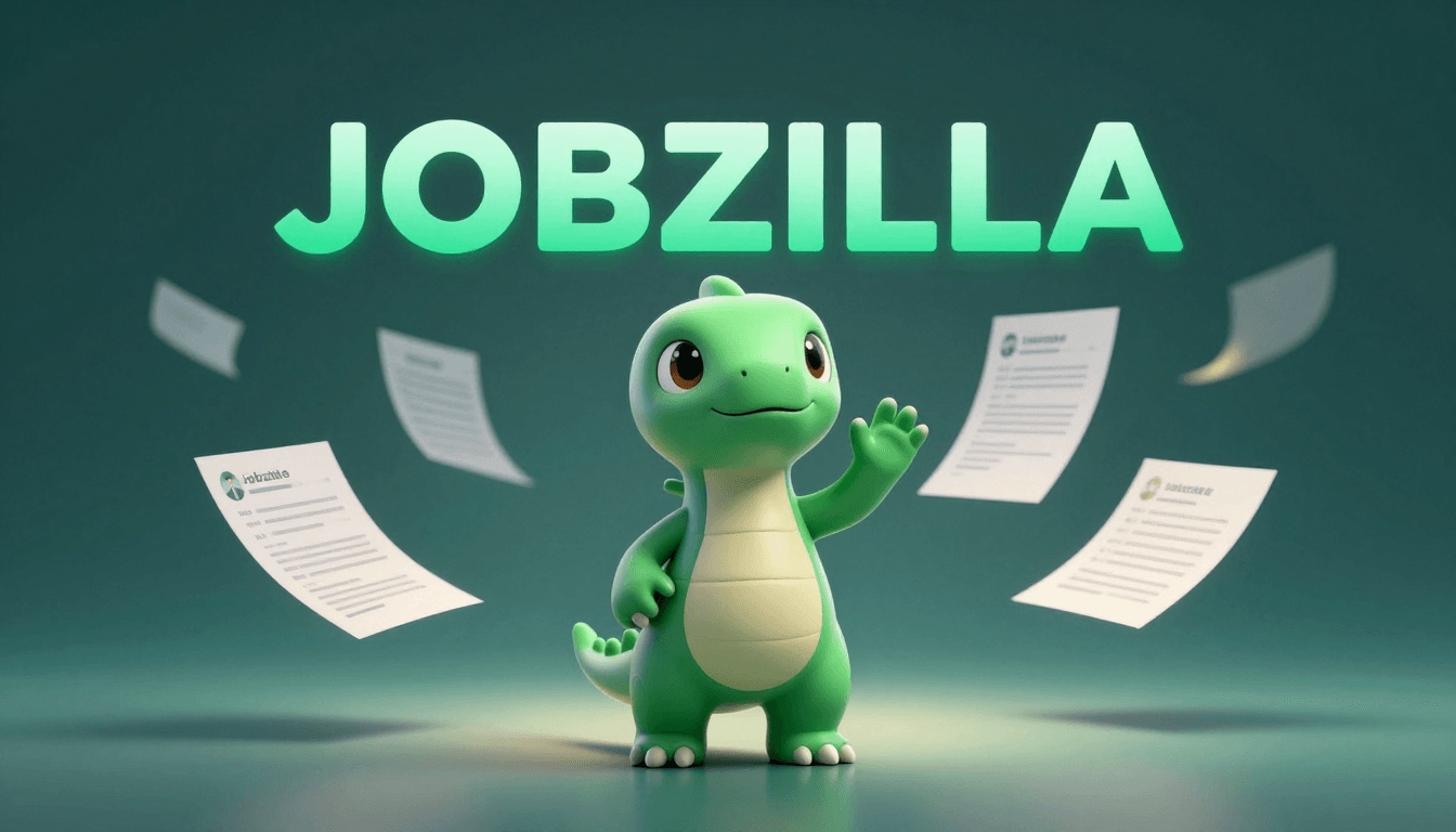 Jobzilla, a friendly green monster mascot, waving among floating resumes